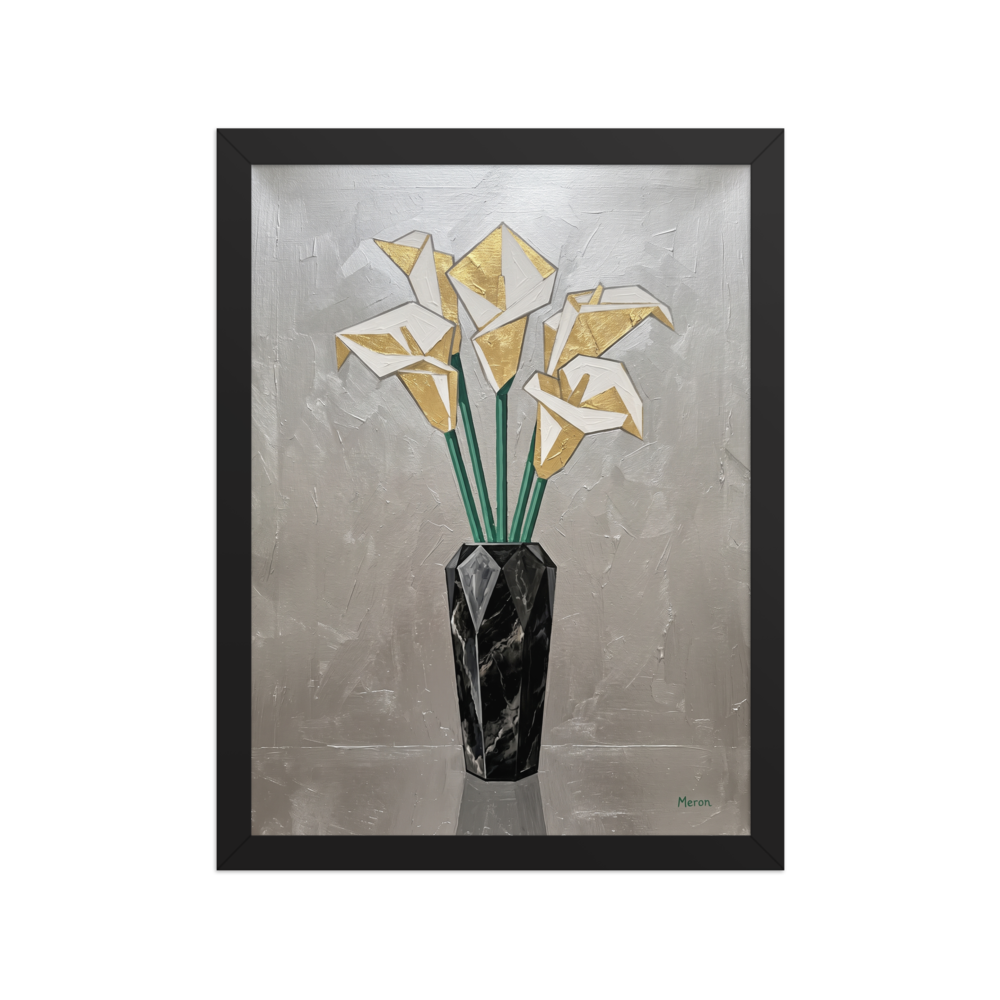'Deco Calla Lilies' — a Art Deco print. A textured Art Deco painting of geometric white and gold calla lilies in a faceted black marble vase against a silver background, ideal for a Dining Room.
