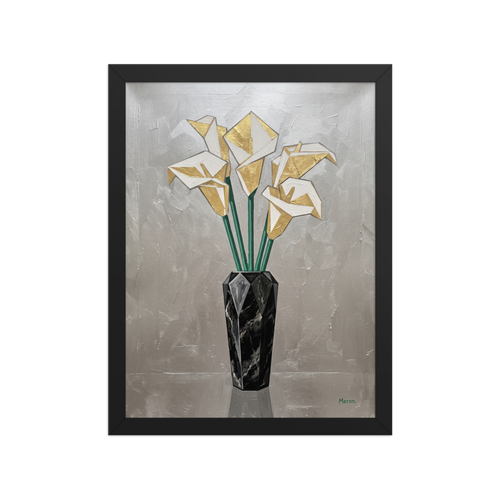 'Deco Calla Lilies' — a Art Deco print. A textured Art Deco painting of geometric white and gold calla lilies in a faceted black marble vase against a silver background, ideal for a Dining Room.