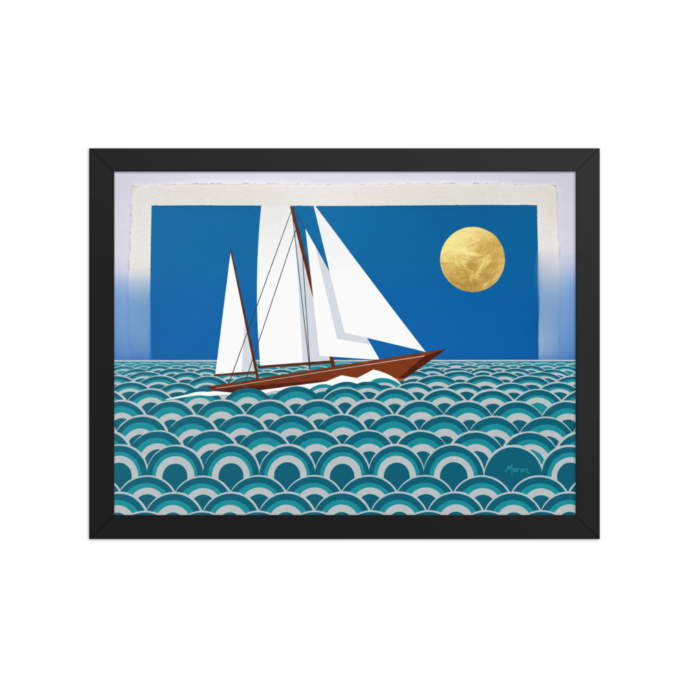'The Deco Voyage' — a Art Deco print. A graphic Art Deco illustration of a geometric sailboat on stylized repeating waves beneath a gold metallic sun, ideal for a Bathroom or Sunroom.
