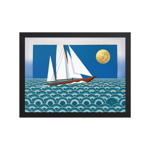 'The Deco Voyage' — a Art Deco print. A graphic Art Deco illustration of a geometric sailboat on stylized repeating waves beneath a gold metallic sun, ideal for a Bathroom or Sunroom.
