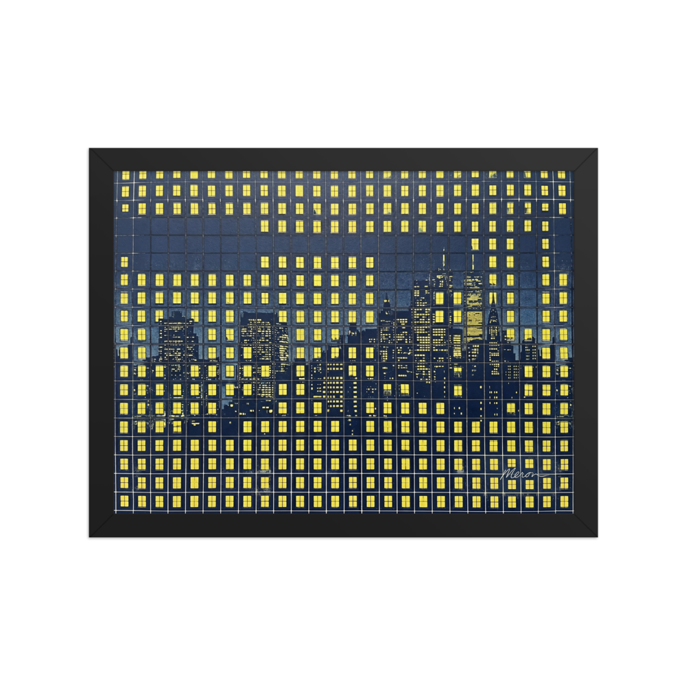 'Grid City Nights' — a Pop art print. A stylized dark blue and yellow Pop Art cityscape made from illuminated window grids, perfect for an Office or Living Room.
