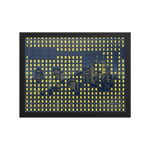 'Grid City Nights' — a Pop art print. A stylized dark blue and yellow Pop Art cityscape made from illuminated window grids, perfect for an Office or Living Room.