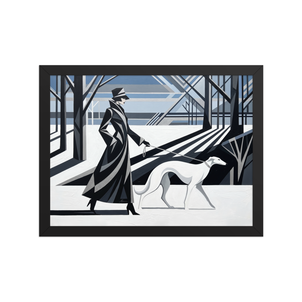 'Winter Stroll' — a Art Deco print. An elegant woman in black geometric fashion walks a white greyhound through a snowy, stylized landscape, perfect for a modern Living Room.