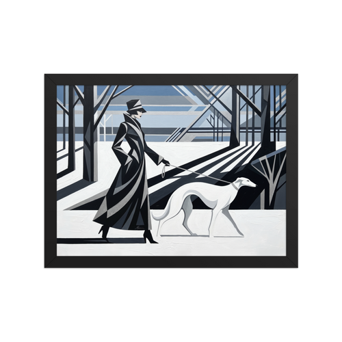 'Winter Stroll' — a Art Deco print. An elegant woman in black geometric fashion walks a white greyhound through a snowy, stylized landscape, perfect for a modern Living Room.