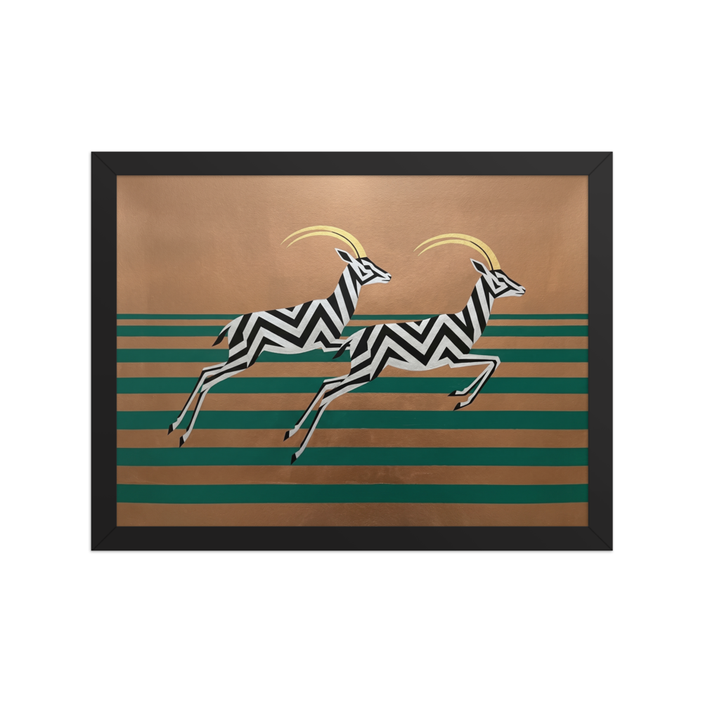'Golden Gazelles' — a Art Deco print. A modern Art Deco painting of two leaping gazelles with black and white zigzags against a gold and teal striped background, perfect for a chic Living Room.