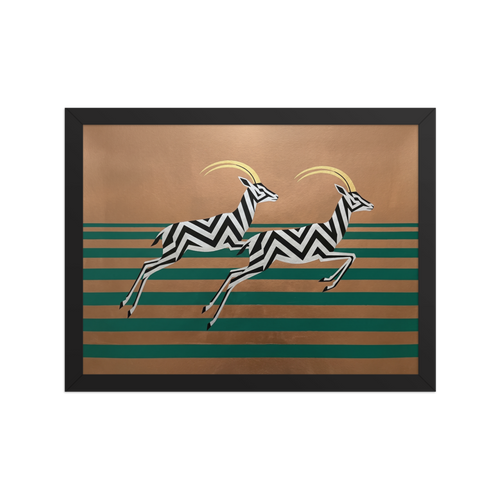 'Golden Gazelles' — a Art Deco print. A modern Art Deco painting of two leaping gazelles with black and white zigzags against a gold and teal striped background, perfect for a chic Living Room.
