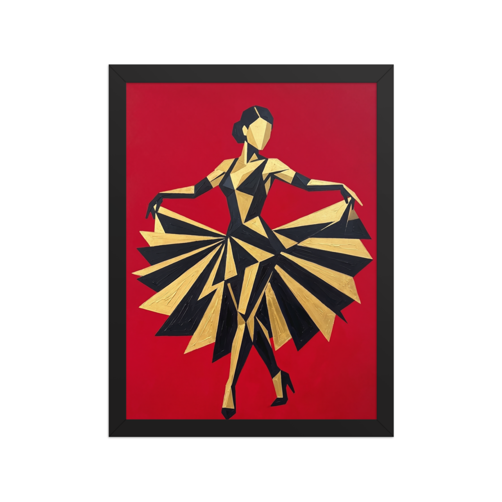 'The Golden Dancer' — a Art Deco,Cubism print. A striking geometric Art Deco painting of a dancer in a black and gold dress twirling against a bright red background, an energetic piece for a Home Theater or Living Room.