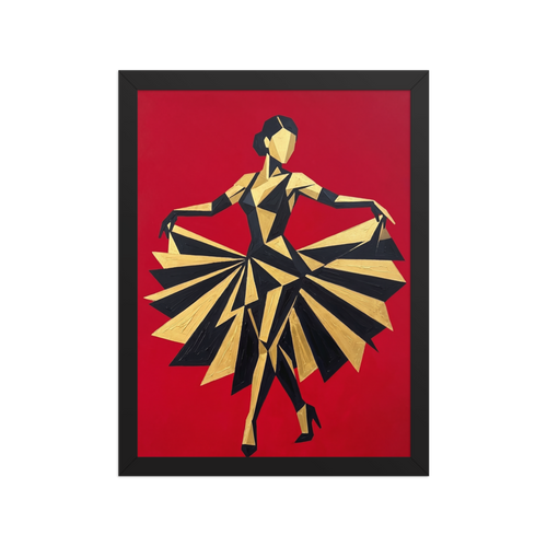 'The Golden Dancer' — a Art Deco,Cubism print. A striking geometric Art Deco painting of a dancer in a black and gold dress twirling against a bright red background, an energetic piece for a Home Theater or Living Room.