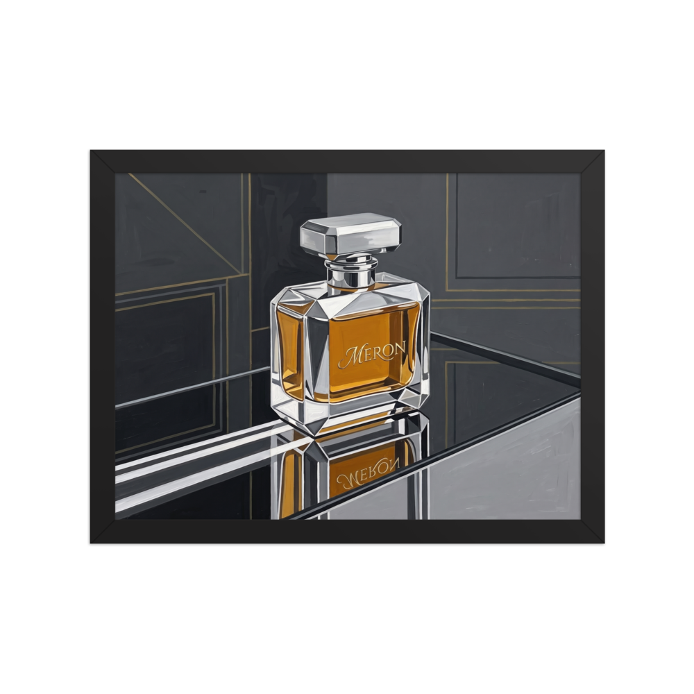 'Deco Elixir' — a Art Deco print. A sleek Art Deco painting of a faceted glass perfume bottle filled with amber liquid, reflecting on a dark mirror surface, ideal for a chic Bedroom.