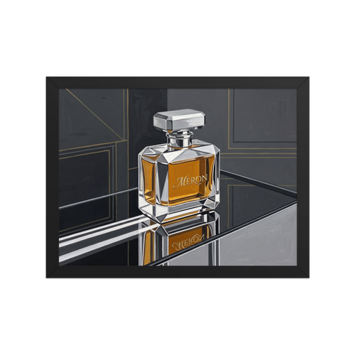 'Deco Elixir' — a Art Deco print. A sleek Art Deco painting of a faceted glass perfume bottle filled with amber liquid, reflecting on a dark mirror surface, ideal for a chic Bedroom.