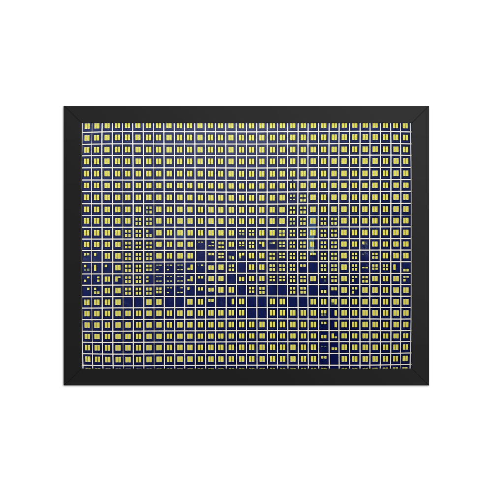 'Illuminated Grid' — a Pop art print. An abstract Pop Art grid of glowing yellow windows on a dark blue background, ideal for a modern Office.