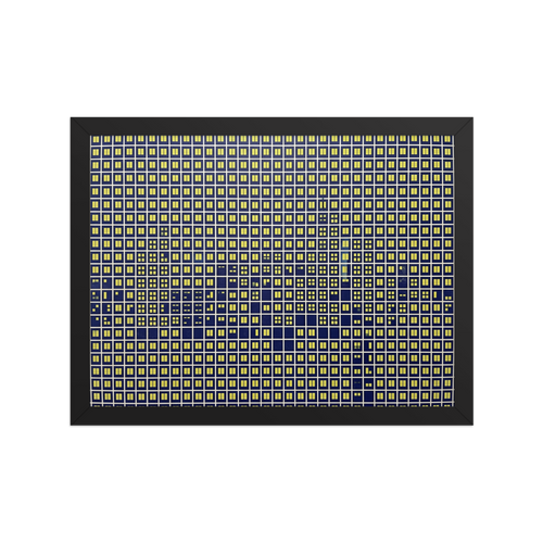 'Illuminated Grid' — a Pop art print. An abstract Pop Art grid of glowing yellow windows on a dark blue background, ideal for a modern Office.