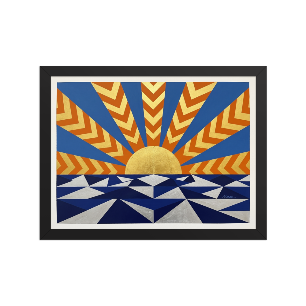 'Deco Sunrise' — a Art Deco print. A bright Art Deco painting of a golden sunrise over a geometric blue and silver sea, radiating with orange and blue sunbeams, perfect for a lively Living Room.
