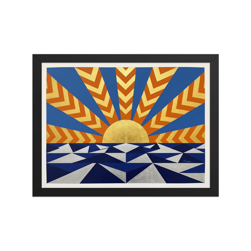 'Deco Sunrise' — a Art Deco print. A bright Art Deco painting of a golden sunrise over a geometric blue and silver sea, radiating with orange and blue sunbeams, perfect for a lively Living Room.