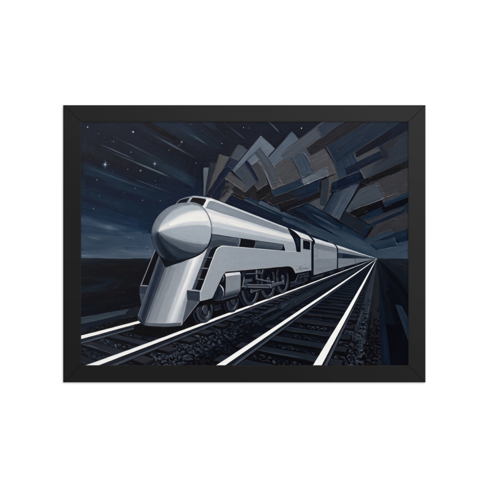 'Midnight Express' — a Art Deco print. A sleek silver Art Deco train speeding through a stylized night landscape with geometric smoke, an industrial retro-futuristic painting perfect for an Office or Man Cave.