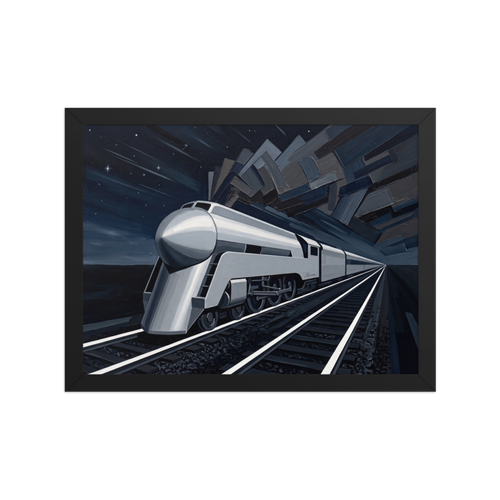'Midnight Express' — a Art Deco print. A sleek silver Art Deco train speeding through a stylized night landscape with geometric smoke, an industrial retro-futuristic painting perfect for an Office or Man Cave.
