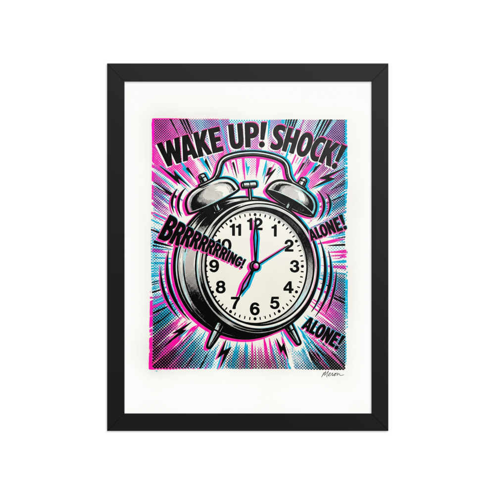 'Morning Shock' — a Pop art print. A loud and vibrant Pop Art alarm clock with comic book typography in pink and cyan, perfect for a Bedroom or Office.