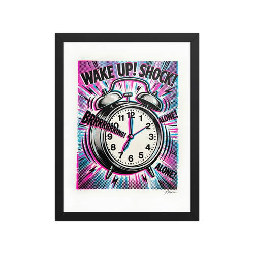 'Morning Shock' — a Pop art print. A loud and vibrant Pop Art alarm clock with comic book typography in pink and cyan, perfect for a Bedroom or Office.