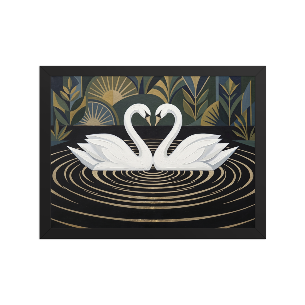 'Deco Swans' — a Art Deco print. An Art Deco painting of two white swans forming a heart shape on a black lake with golden ripples, against a geometric garden background, perfect for a romantic Bedroom.