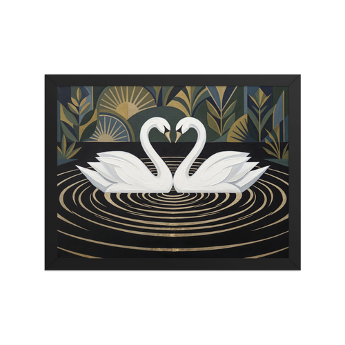 'Deco Swans' — a Art Deco print. An Art Deco painting of two white swans forming a heart shape on a black lake with golden ripples, against a geometric garden background, perfect for a romantic Bedroom.