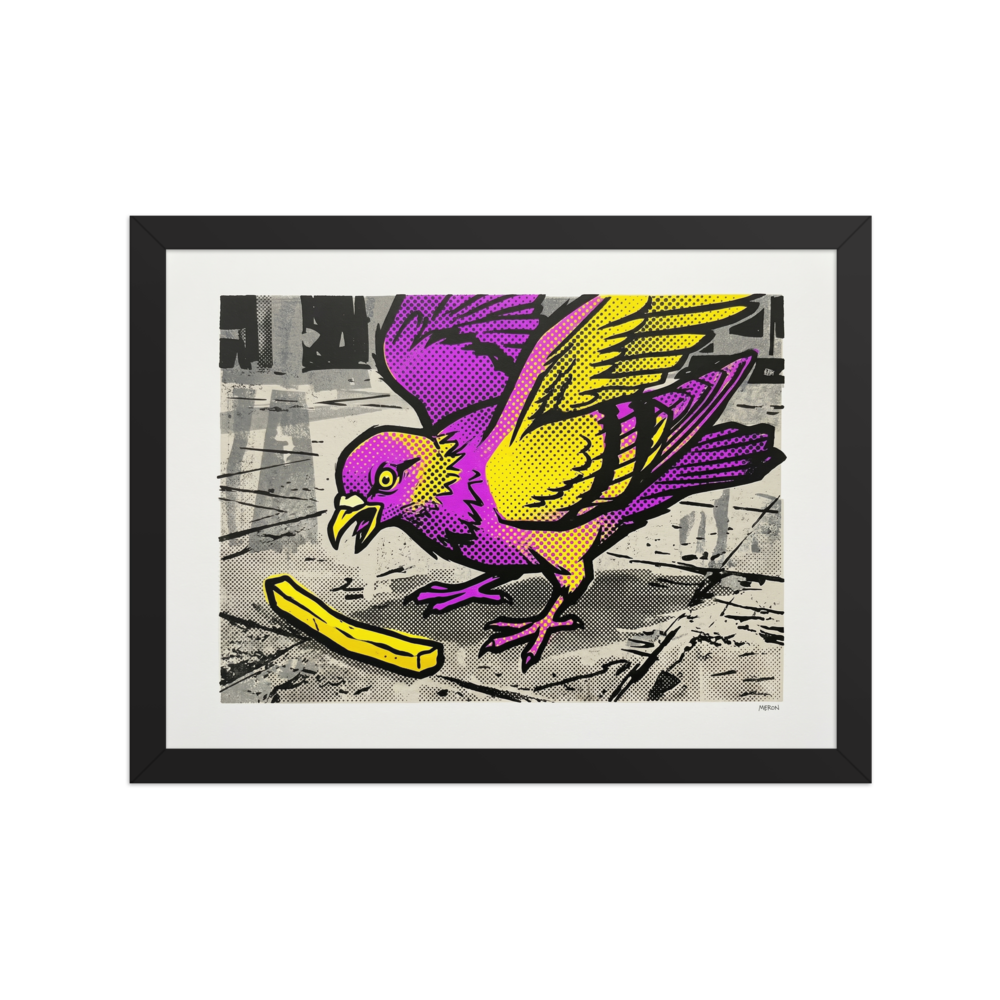 'The Urban Forager' — a Pop art print. A humorous purple and yellow Pop Art pigeon eating a french fry, a fun addition to a Kitchen or Dining Room.