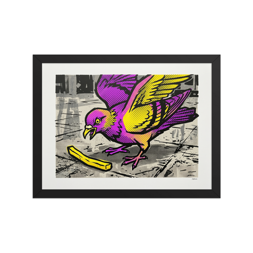 'The Urban Forager' — a Pop art print. A humorous purple and yellow Pop Art pigeon eating a french fry, a fun addition to a Kitchen or Dining Room.
