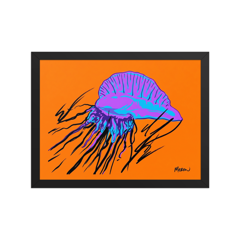 'Neon Man o' War' — a Pop art print. A vibrant pop art illustration of a purple and blue jellyfish with black tentacles against an orange background, perfect for a lively living room.