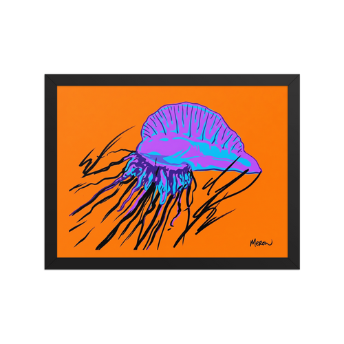 'Neon Man o' War' — a Pop art print. A vibrant pop art illustration of a purple and blue jellyfish with black tentacles against an orange background, perfect for a lively living room.