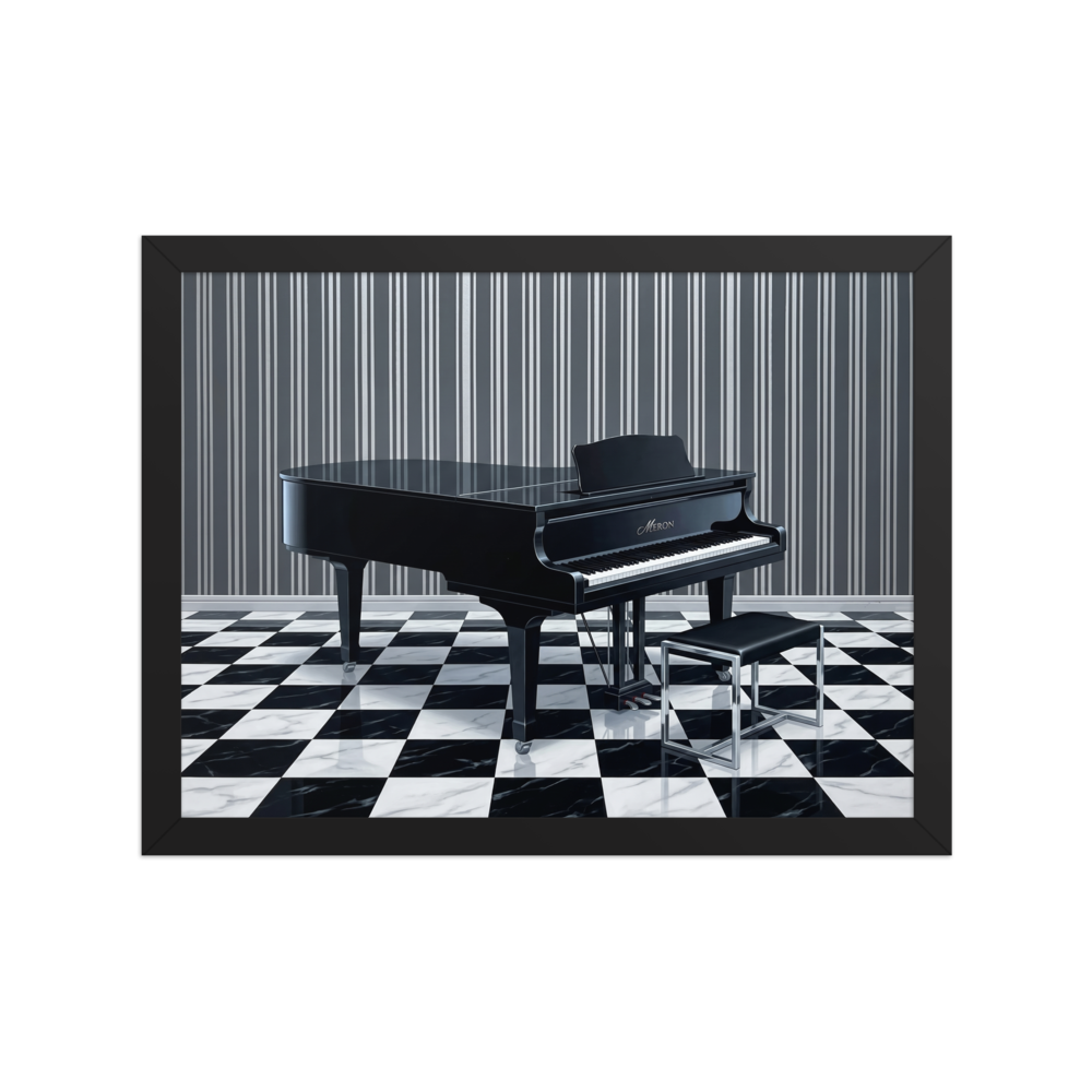 'The Deco Piano' — a Art Deco print. A sleek black Art Deco grand piano resting on a black and white checkered floor against a vertically striped wall, a stylish piece for a Music Room or Lounge.