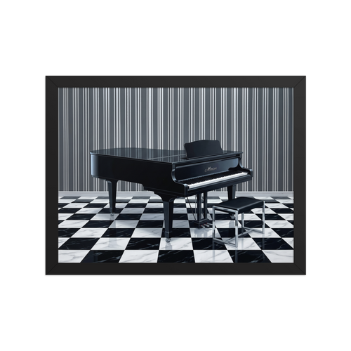 'The Deco Piano' — a Art Deco print. A sleek black Art Deco grand piano resting on a black and white checkered floor against a vertically striped wall, a stylish piece for a Music Room or Lounge.