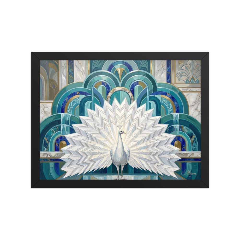 'The Gilded Peacock' — a Art Deco print. A majestic white peacock displayed against a geometric Art Deco background of teal and gold, perfect for a dining room setting.