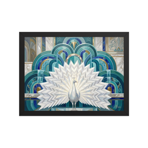 'The Gilded Peacock' — a Art Deco print. A majestic white peacock displayed against a geometric Art Deco background of teal and gold, perfect for a dining room setting.