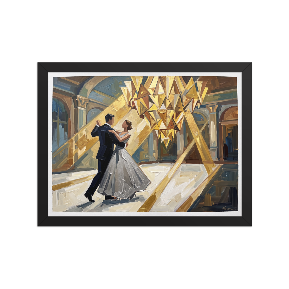 'The Midnight Waltz' — a Art Deco print. A couple in formal attire dancing under a grand geometric golden chandelier in a stunning Art Deco ballroom, ideal for a bedroom or living room.
