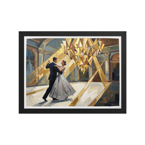 'The Midnight Waltz' — a Art Deco print. A couple in formal attire dancing under a grand geometric golden chandelier in a stunning Art Deco ballroom, ideal for a bedroom or living room.
