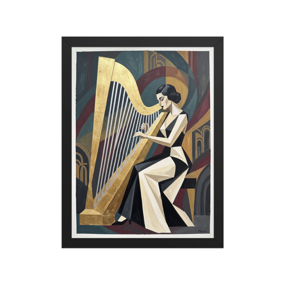 'The Golden Harpist' — a Art Deco print. A stylized Cubist Art Deco painting of an elegant woman playing a large golden harp, ideal for a living room.
