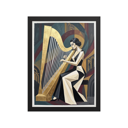 'The Golden Harpist' — a Art Deco print. A stylized Cubist Art Deco painting of an elegant woman playing a large golden harp, ideal for a living room.