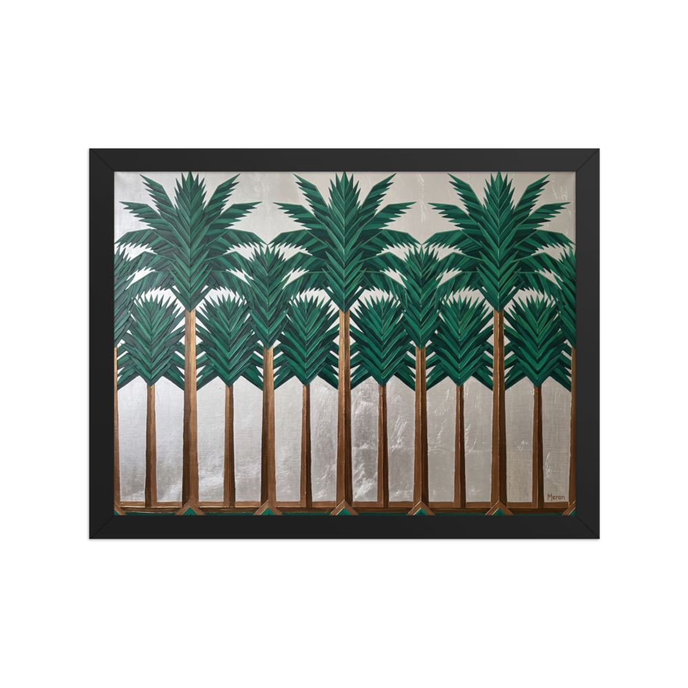 'The Emerald Grove' — a Art Deco print. An Art Deco painting of geometric palm trees with gold trunks and dark green leaves against a shimmering silver background, great for a sunroom or hallway.