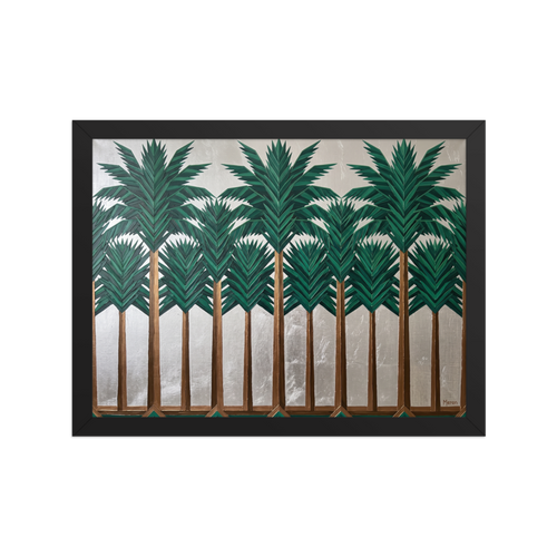 'The Emerald Grove' — a Art Deco print. An Art Deco painting of geometric palm trees with gold trunks and dark green leaves against a shimmering silver background, great for a sunroom or hallway.
