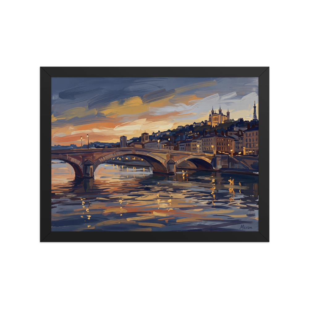 'Dusk Over Lyon' — a Impressionism print. An oil painting of a French city scene at sunset with a stone arched bridge over a glowing river, creating a peaceful atmosphere perfect for a living room or bedroom.