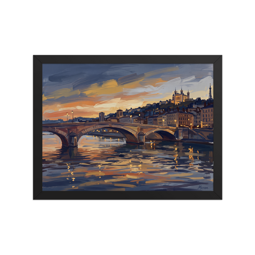 'Dusk Over Lyon' — a Impressionism print. An oil painting of a French city scene at sunset with a stone arched bridge over a glowing river, creating a peaceful atmosphere perfect for a living room or bedroom.