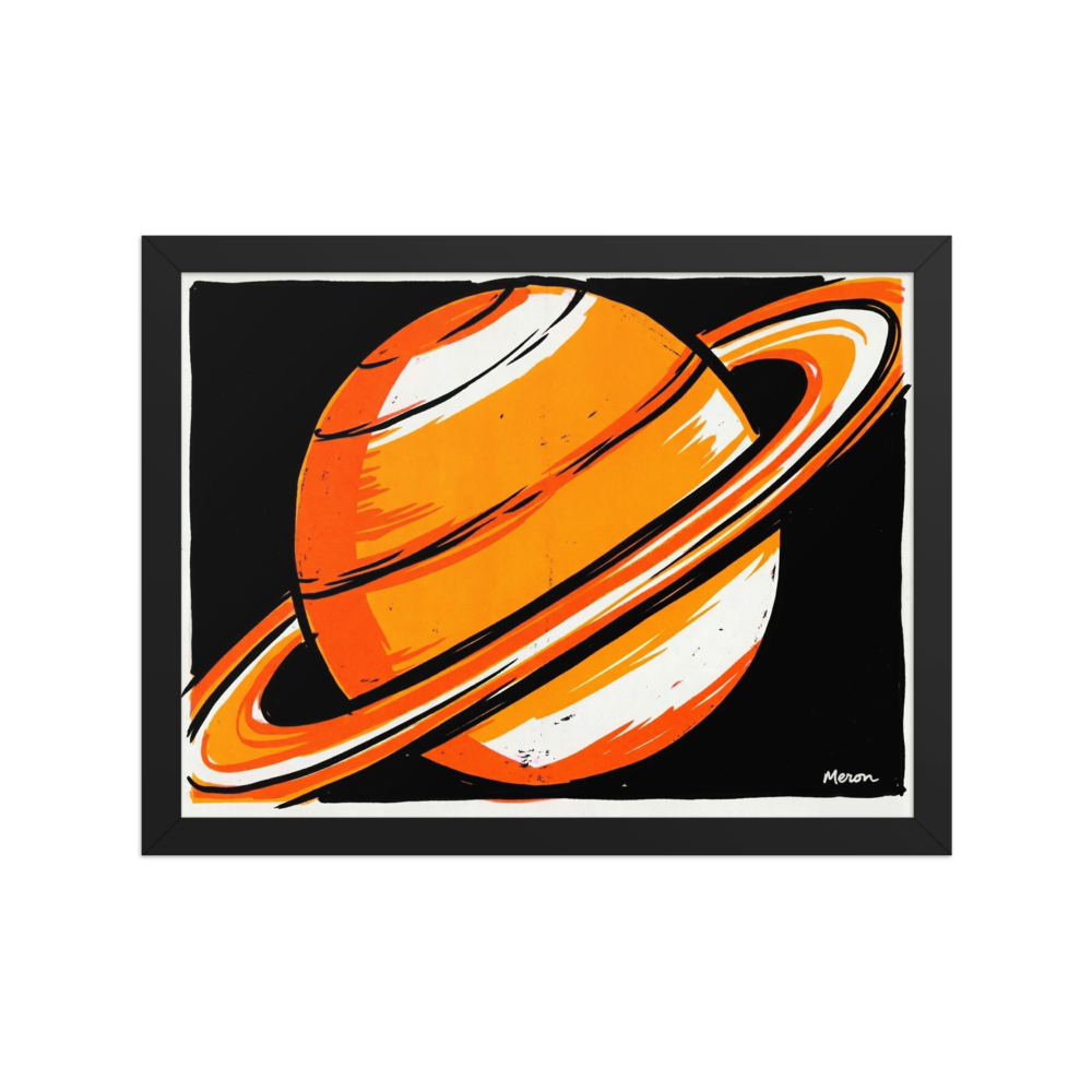 'Orange Orbit' — a Pop art print. A bold pop art illustration of an orange and white ringed planet against a black background, perfect for a modern office.