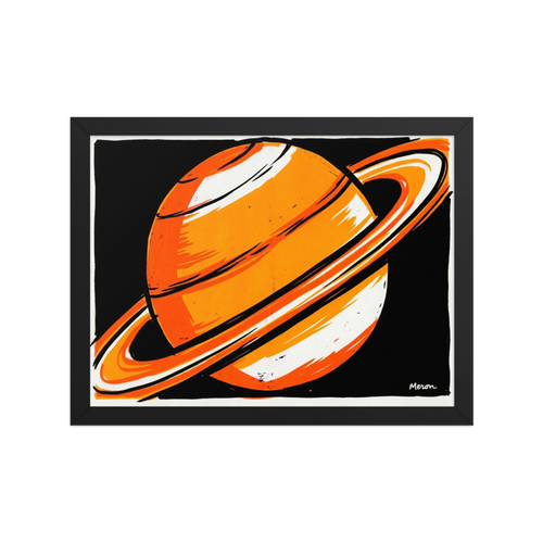 'Orange Orbit' — a Pop art print. A bold pop art illustration of an orange and white ringed planet against a black background, perfect for a modern office.