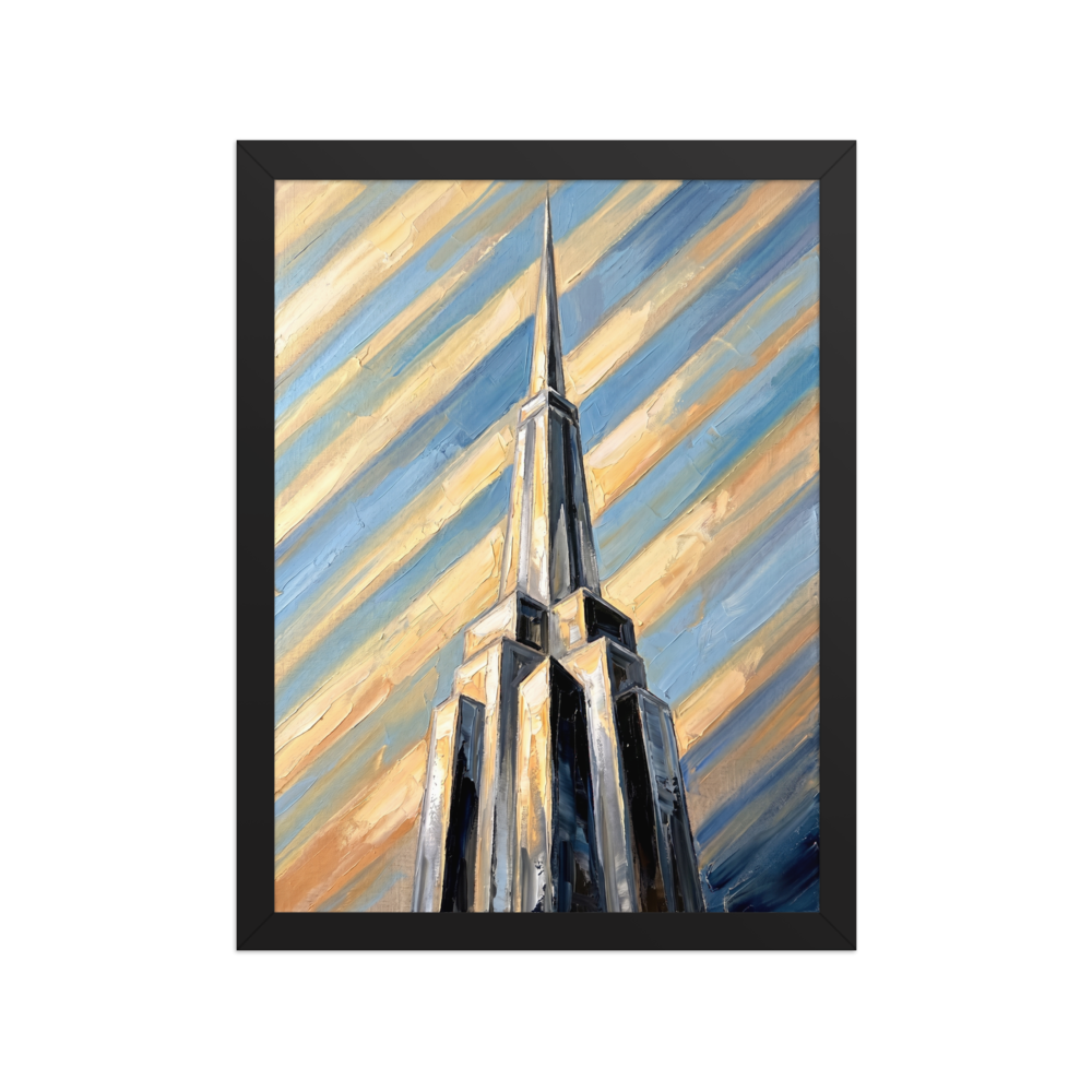 'The Metropolis Spire' — a Art Deco print. An oil painting of a towering Art Deco skyscraper piercing a dynamic, diagonal striped sky of blue and gold, great for an office or study.