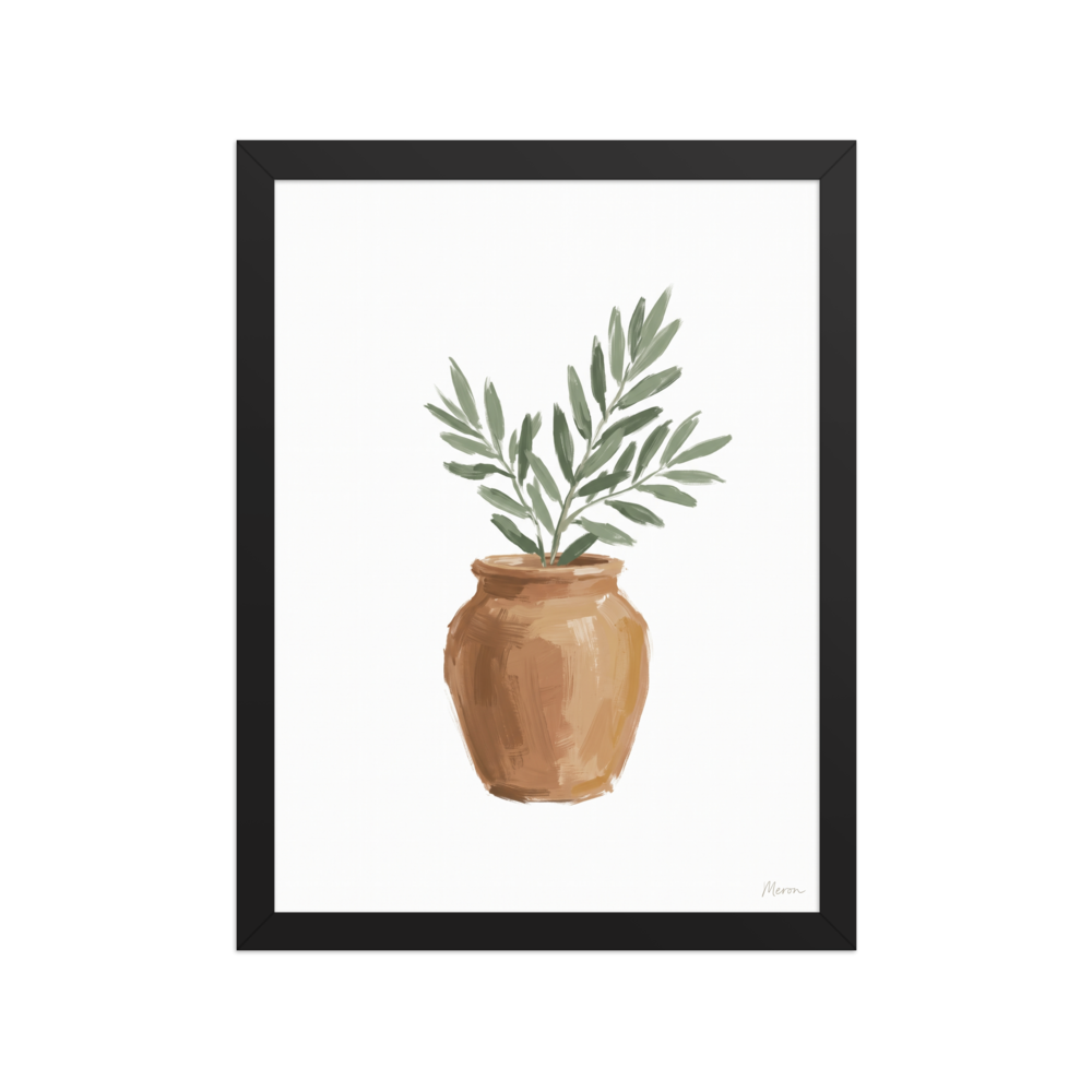 'Olive in Terracotta' — a Minimalism,Modernism print. A minimalist botanical painting of green olive branches in a warm terracotta pot against a white background, perfect for a sunny kitchen or entryway.