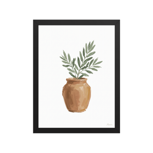 'Olive in Terracotta' — a Minimalism,Modernism print. A minimalist botanical painting of green olive branches in a warm terracotta pot against a white background, perfect for a sunny kitchen or entryway.