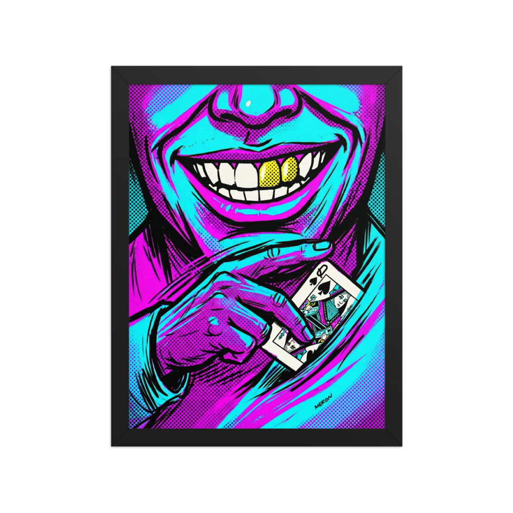 'Queen of Spades' — a Pop art print. A vibrant pop art illustration of a grinning person with gold teeth holding a Queen of Spades playing card, styled with cyan and magenta halftone dots, ideal for a game room.