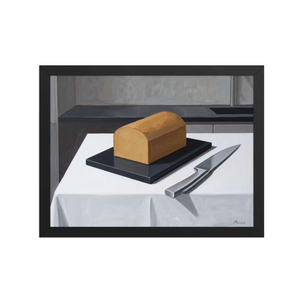 'The Morning Loaf' — a Art Deco print. A minimalist Art Deco oil painting of a golden loaf of bread and a silver knife on a crisp white table, perfect for a modern kitchen.