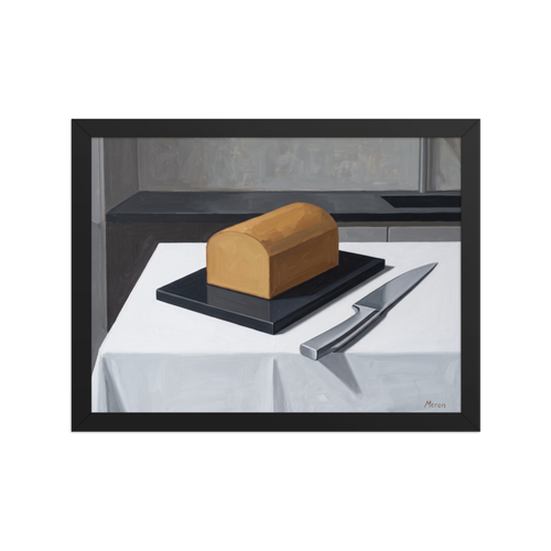 'The Morning Loaf' — a Art Deco print. A minimalist Art Deco oil painting of a golden loaf of bread and a silver knife on a crisp white table, perfect for a modern kitchen.