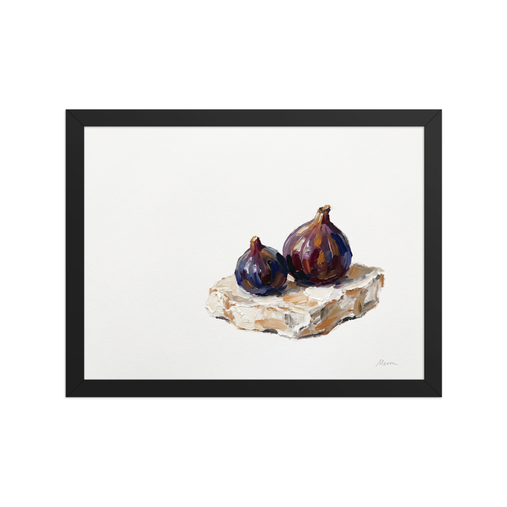 'Ripe Figs on Cream' — a Realism,Modernism print. An impasto oil painting of two rich purple figs resting on a creamy slice against a white background, adding a touch of elegance to a dining room or kitchen.