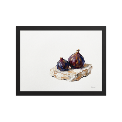 'Ripe Figs on Cream' — a Realism,Modernism print. An impasto oil painting of two rich purple figs resting on a creamy slice against a white background, adding a touch of elegance to a dining room or kitchen.